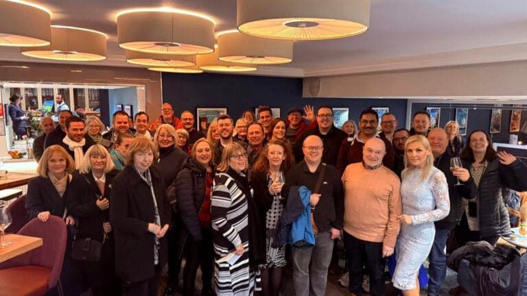 Theatre fans gathering at a social event before a London show